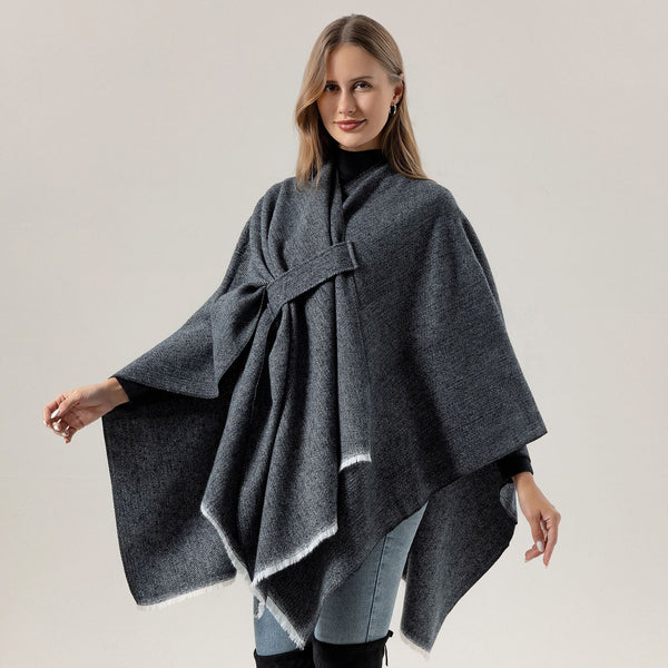 Solid Knit Poncho Shawl Warm Fall Winter Cape With Slit And Crossbar Design Red Scarves & Wraps
