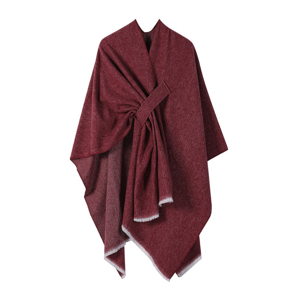 Solid Knit Poncho Shawl Warm Fall Winter Cape With Slit And Crossbar Design Wine Red Scarves & Wraps