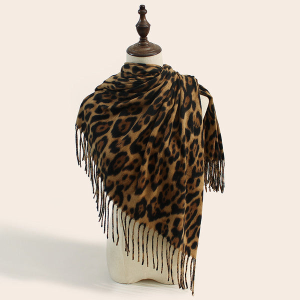 Stylish Animal Print Scarf Warm Fall Winter Shawl With Tassels Imitation Cashmere Khaki Scarves & Wraps