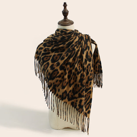 Stylish Animal Print Scarf Warm Fall Winter Shawl With Tassels Imitation Cashmere Khaki Scarves & Wraps