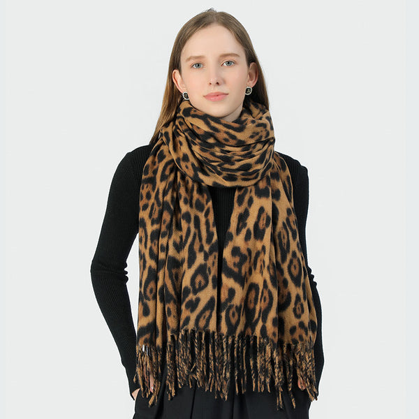 Stylish Animal Print Scarf Warm Fall Winter Shawl With Tassels Imitation Cashmere Khaki Scarves & Wraps