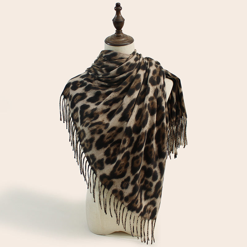 Stylish Animal Print Scarf Warm Fall Winter Shawl With Tassels Imitation Cashmere Light Brown Scarves & Wraps