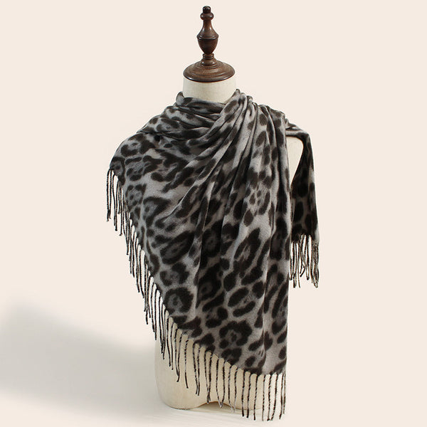 Stylish Animal Print Scarf Warm Fall Winter Shawl With Tassels Imitation Cashmere Gray Scarves & Wraps