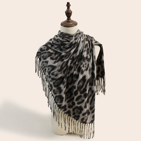Stylish Animal Print Scarf Warm Fall Winter Shawl With Tassels Imitation Cashmere Gray Scarves & Wraps