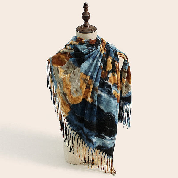 Stylish Animal Print Scarf Warm Fall Winter Shawl With Tassels Imitation Cashmere Blue Yellow Scarves & Wraps