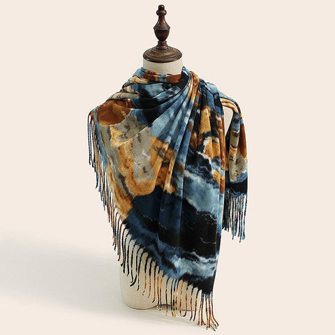 Stylish Animal Print Scarf Warm Fall Winter Shawl With Tassels Imitation Cashmere Blue Yellow Scarves & Wraps