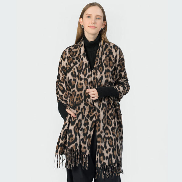 Stylish Animal Print Scarf Warm Fall Winter Shawl With Tassels Imitation Cashmere Rose Pink Scarves & Wraps