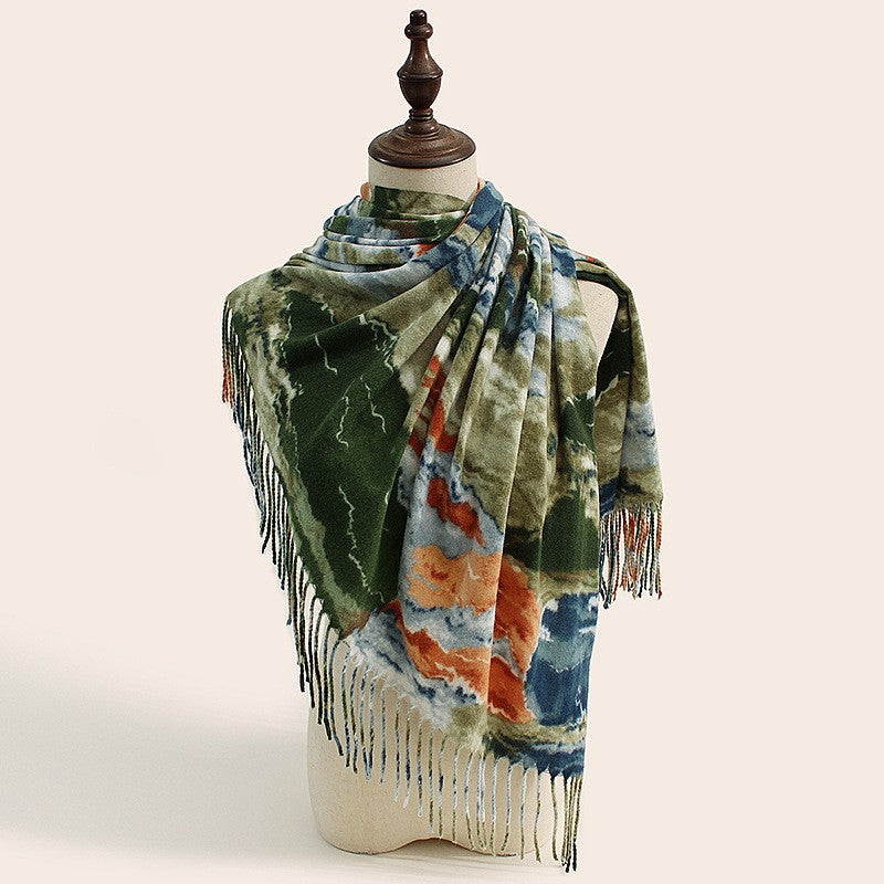 Stylish Animal Print Scarf Warm Fall Winter Shawl With Tassels Imitation Cashmere Dark Green Scarves & Wraps