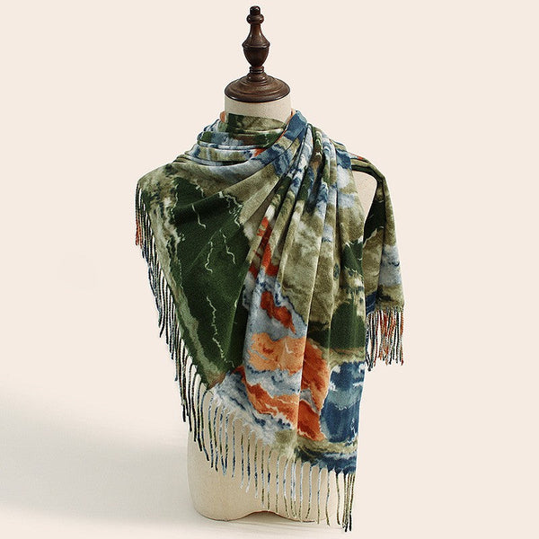 Stylish Animal Print Scarf Warm Fall Winter Shawl With Tassels Imitation Cashmere Dark Green Scarves & Wraps