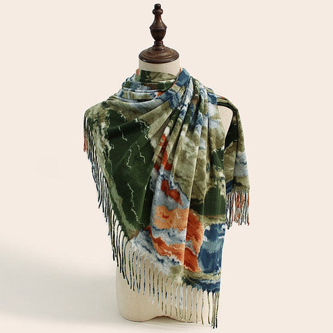 Stylish Animal Print Scarf Warm Fall Winter Shawl With Tassels Imitation Cashmere Dark Green Scarves & Wraps
