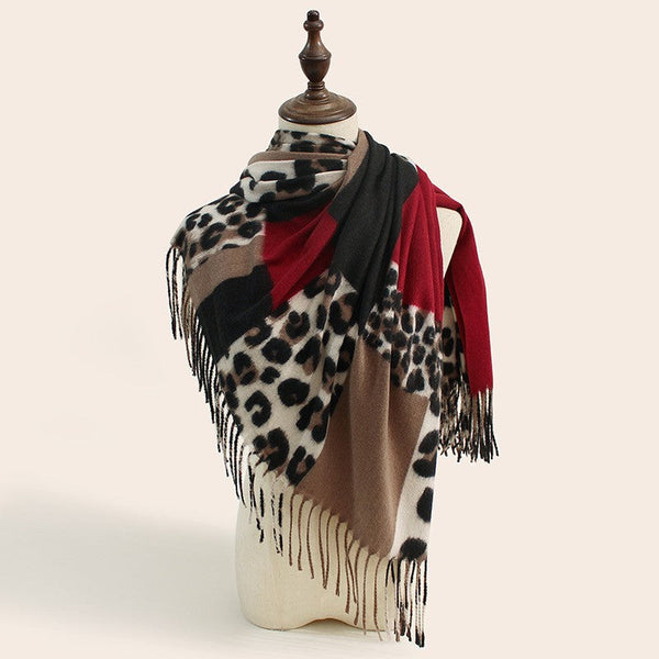 Stylish Animal Print Scarf Warm Fall Winter Shawl With Tassels Imitation Cashmere Wine Red Scarves & Wraps