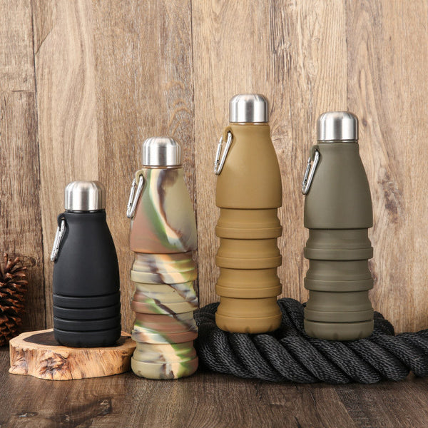 Camouflage Green Collapsible Silicone Water Bottle Portable Sports Hydration Flask With Carabiner 550Ml/300Ml Water Carriers & Jerrycans