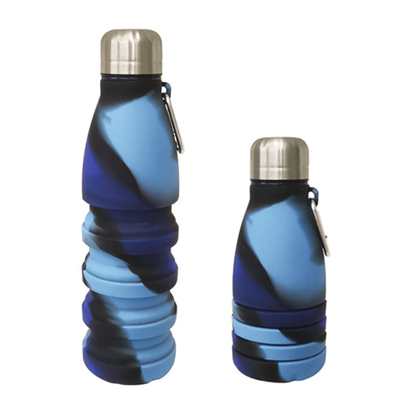 Camouflage Blue Collapsible Silicone Water Bottle Portable Sports Hydration Flask With Carabiner 550Ml/300Ml Water Carriers & Jerrycans
