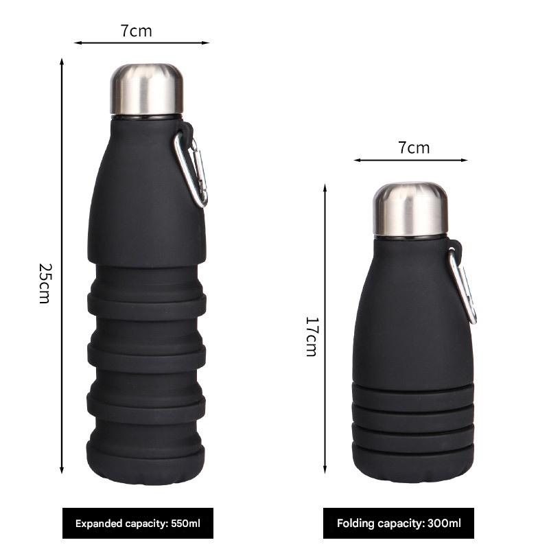 Black Collapsible Silicone Water Bottle Portable Sports Hydration Flask With Carabiner 550Ml/300Ml Water Carriers & Jerrycans