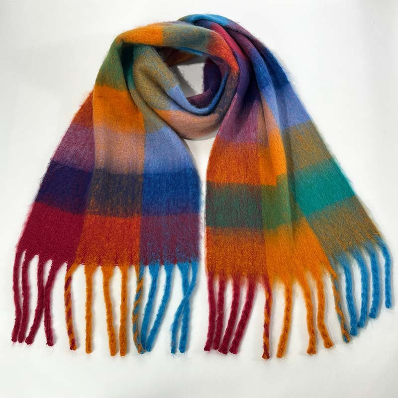 Elosung Winter Luxe Warm Oversized Scarf Cozy Thick Plaid Wrap European Chic Style(Orange Blue Plaid) Scarves & Wraps