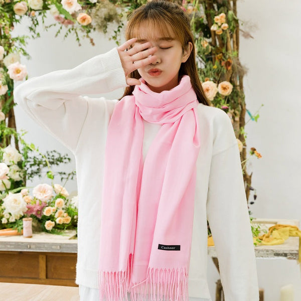 Luxe Soft Imitation Cashmere Scarf Warm Solid Tone Shawl With Elegant Fringe (Pink) Scarves & Wraps