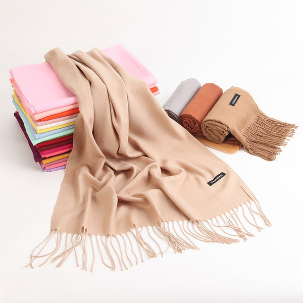 Luxe Soft Imitation Cashmere Scarf Warm Solid Tone Shawl With Elegant Fringe (Pink) Scarves & Wraps