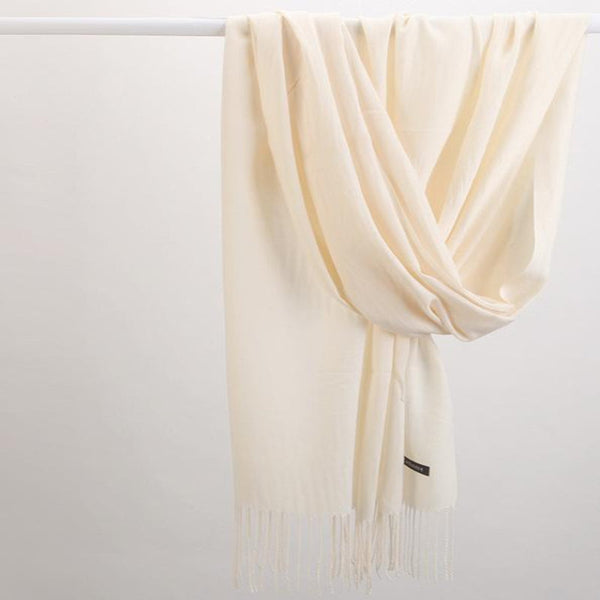 Luxe Soft Imitation Cashmere Scarf Warm Solid Tone Shawl With Elegant Fringe (Light White) Scarves & Wraps