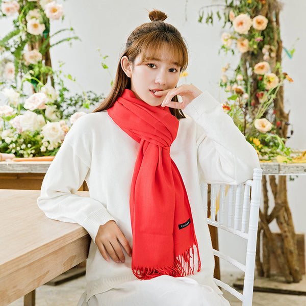Luxe Soft Imitation Cashmere Scarf Warm Solid Tone Shawl With Elegant Fringe (Light White) Scarves & Wraps