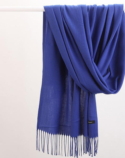 Luxe Soft Imitation Cashmere Scarf Warm Solid Tone Shawl With Elegant Fringe Royal Blue Scarves & Wraps
