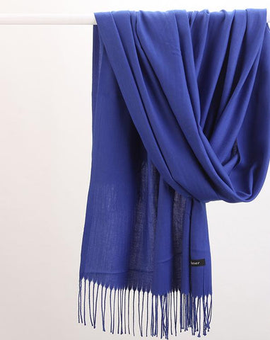 Luxe Soft Imitation Cashmere Scarf Warm Solid Tone Shawl With Elegant Fringe Royal Blue Scarves & Wraps