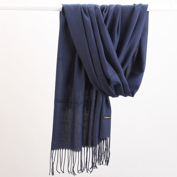 Luxe Soft Imitation Cashmere Scarf Warm Solid Tone Shawl With Elegant Fringe(Navy Blue) Scarves & Wraps