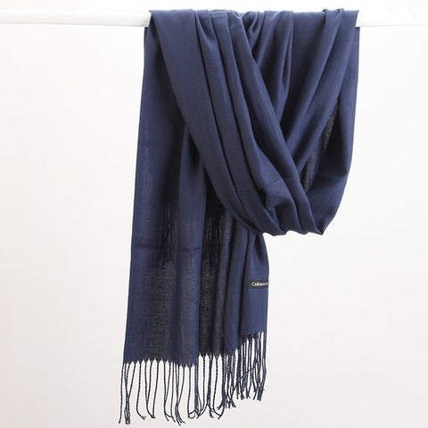 Luxe Soft Imitation Cashmere Scarf Warm Solid Tone Shawl With Elegant Fringe(Navy Blue) Scarves & Wraps