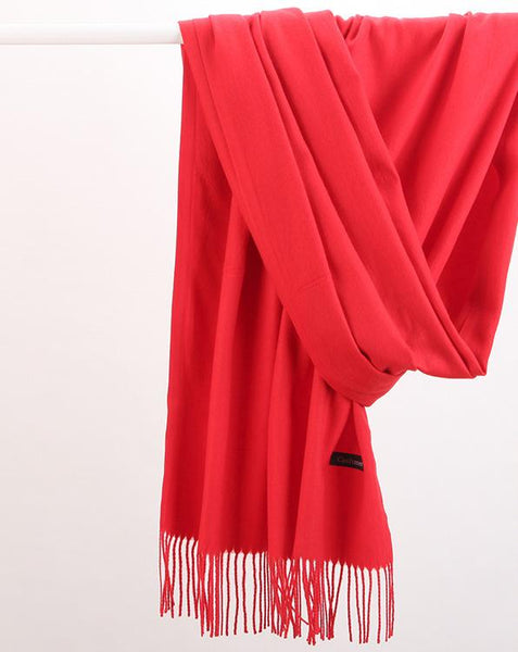 Luxe Soft Imitation Cashmere Scarf Warm Solid Tone Shawl With Elegant Fringe (Red) Scarves & Wraps