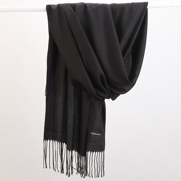 Luxe Soft Imitation Cashmere Scarf Warm Solid Tone Shawl With Elegant Fringe(Pure Black) Scarves & Wraps
