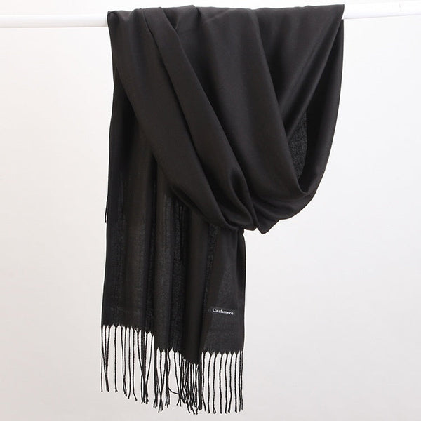 Luxe Soft Imitation Cashmere Scarf Warm Solid Tone Shawl With Elegant Fringe(Pure Black) Scarves & Wraps