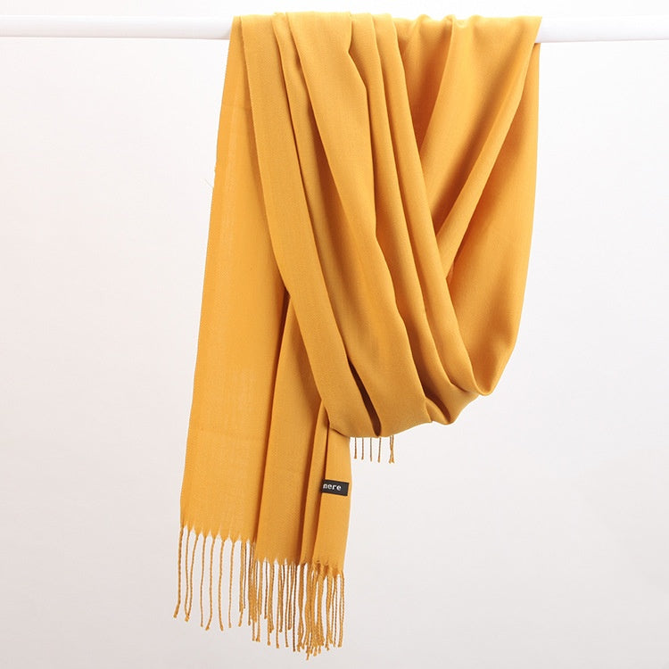 Luxe Soft Imitation Cashmere Scarf Warm Solid Tone Shawl With Elegant Fringe(Turmeric) Scarves & Wraps