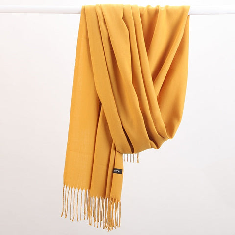 Luxe Soft Imitation Cashmere Scarf Warm Solid Tone Shawl With Elegant Fringe(Turmeric) Scarves & Wraps
