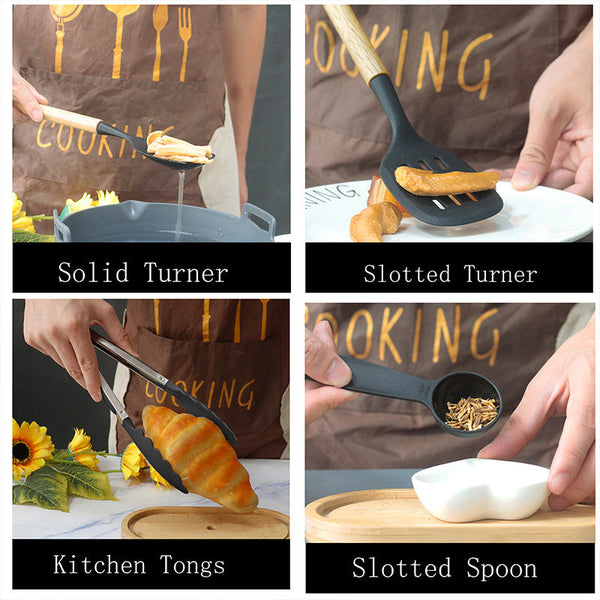 White 12 Piece Silicone Cooking Utensil Set Non Stick Food Grade Kitchen Tools With Holder Cooking Utensils