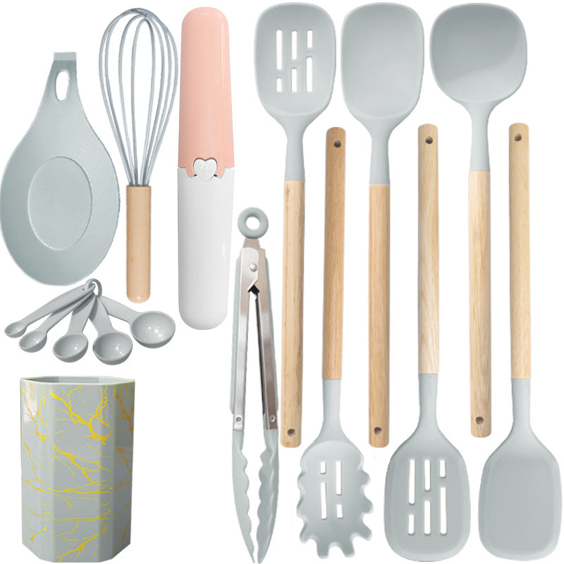 Gray 12 Piece Silicone Cooking Utensil Set Non Stick Food Grade Kitchen Tools With Holder Cooking Utensils