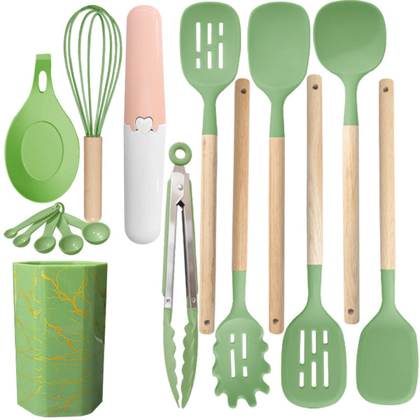 Bamboo Leaf Green 12 Piece Silicone Cooking Utensil Set Non Stick Food Grade Kitchen Tools With Holder Cooking Utensils