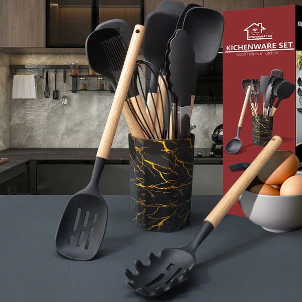 Bamboo Leaf Green 12 Piece Silicone Cooking Utensil Set Non Stick Food Grade Kitchen Tools With Holder Cooking Utensils