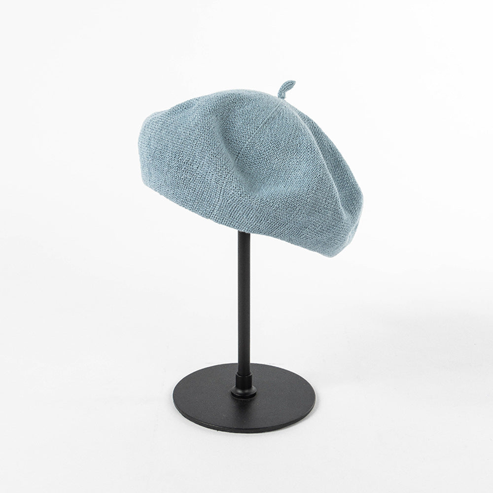 Gray Blue Linen Knit Beret Classic Soft And Stylish Headwear Hats
