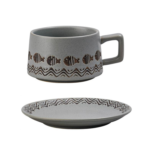 Ceramic Coffee Cup And Saucer Set Elegant Afternoon Tea Wave Fish Gray Cups & Saucers