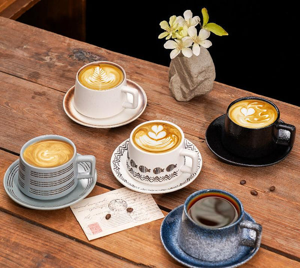 Ceramic Coffee Cup And Saucer Set Elegant Afternoon Tea Wave Pattern Gray Cups & Saucers