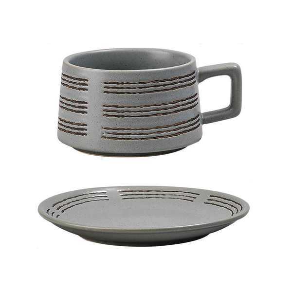 Ceramic Coffee Cup And Saucer Set Elegant Afternoon Tea Wave Pattern Gray Cups & Saucers