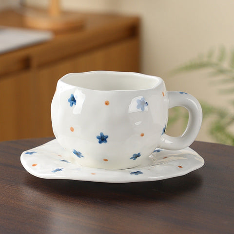Hand Painted Ceramic Coffee Cup And Saucer Set Vintage Afternoon Tea(Blue Five Pointed Star) Cups & Saucers