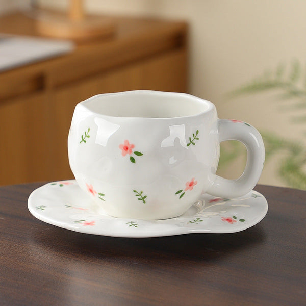 Hand Painted Ceramic Coffee Cup And Saucer Set Vintage Afternoon Tea (Red Small Floral Branches) Cups & Saucers