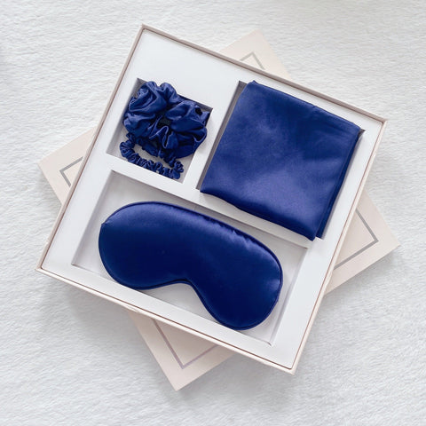 Luxury Satin Sleep Mask Gift Set 4 Piece With Pillowcase And Hair Accessories Navy Blue Sleep Masks