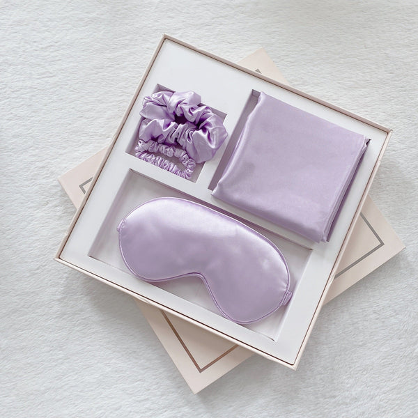 Luxury Satin Sleep Mask Gift Set 4 Piece With Pillowcase And Hair Accessories Violet Sleep Masks