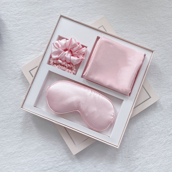 Luxury Satin Sleep Mask Gift Set 4 Piece With Pillowcase And Hair Accessories Pink Sleep Masks