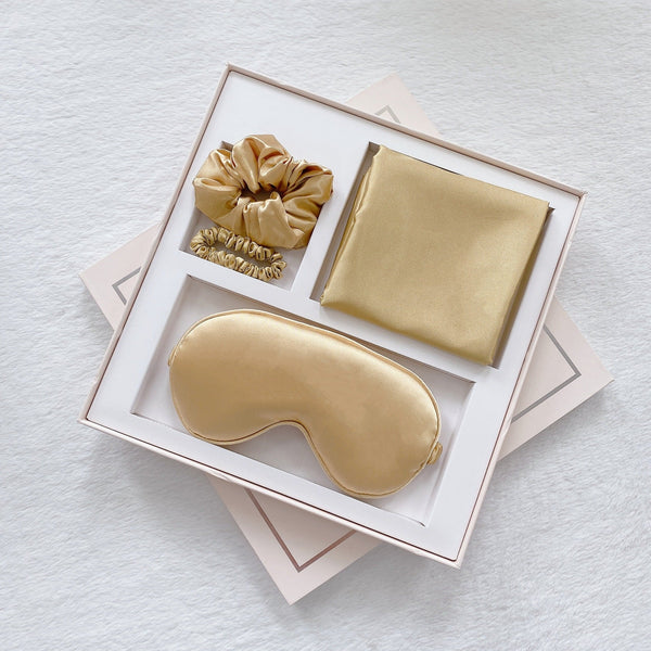 Luxury Satin Sleep Mask Gift Set 4 Piece With Pillowcase And Hair Accessories Gold Sleep Masks
