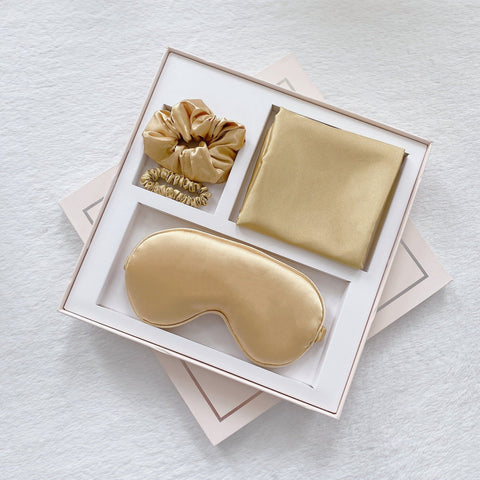 Luxury Satin Sleep Mask Gift Set 4 Piece With Pillowcase And Hair Accessories Gold Sleep Masks