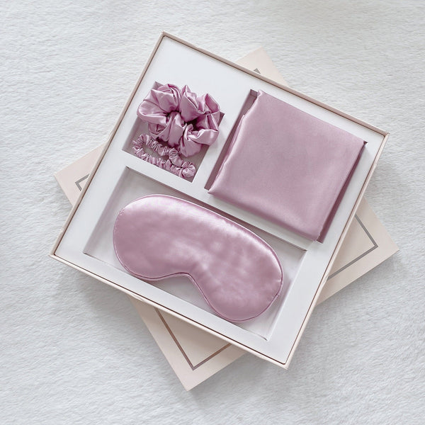 Luxury Satin Sleep Mask Gift Set 4 Piece With Pillowcase And Hair Accessories Purple Sleep Masks