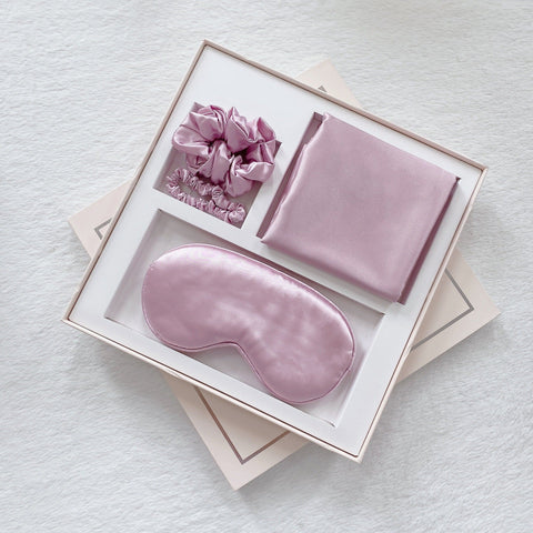 Luxury Satin Sleep Mask Gift Set 4 Piece With Pillowcase And Hair Accessories Purple Sleep Masks