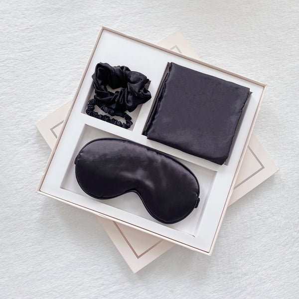 Luxury Satin Sleep Mask Gift Set4 Piece With Pillowcase And Hair Accessories(Black) Sleep Masks
